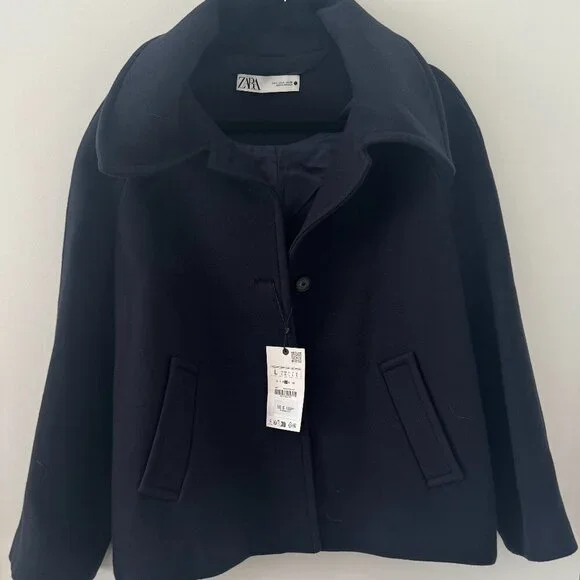 NWT Zara Navy Wool Blend Jacket - Size L - Picture 1 of 5